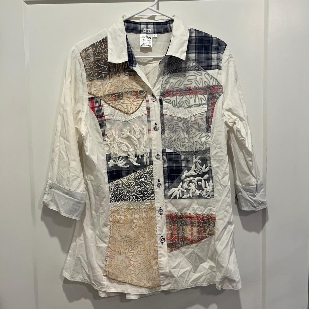 Parsley & Sage Patchwork Embroidered Button Down Shirt White Plaid Large